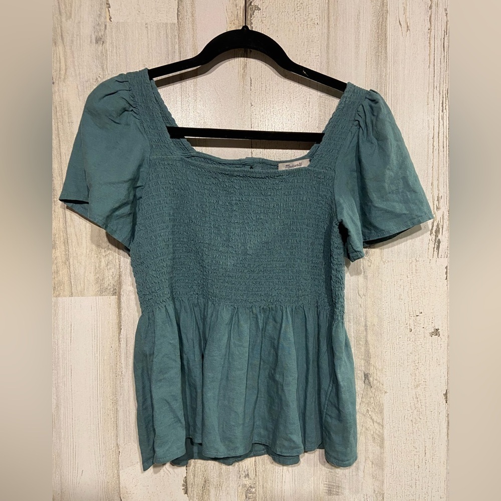 Madewell Blue Linen-Blend Lucie Smocked Peplum Top Blouse XS - Picture 3 of 9